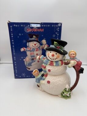Cracker Barrel Snowman & Children Ceramic Pitcher Teapot